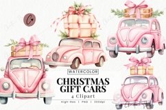 Watercolor Pink Christmas Gift Cars Clipart | Christmas PNG Product Image 1