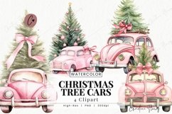 Watercolor Pink Christmas Tree Cars Clipart | Christmas PNG Product Image 1