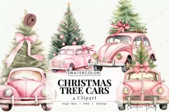 Watercolor Pink Christmas Tree Cars Clipart | Christmas PNG Product Image 1