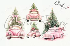 Watercolor Pink Christmas Tree Cars Clipart | Christmas PNG Product Image 4