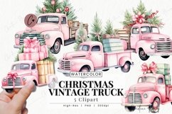 Watercolor Pink Christmas Vintage Truck Clipart | Christmas Product Image 1
