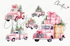 Watercolor Pink Christmas Vintage Truck Clipart | Christmas Product Image 4