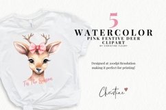 Watercolor Pink Festive Deer Clipart | Christmas Sublimation Product Image 2