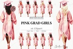 Watercolor Pink Graduation Girls Clipart Product Image 1