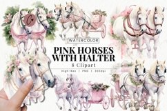 Watercolor Pink Horses With Halters Clipart | Christmas PNG Product Image 1