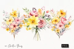 Watercolor Pink & Yellow Bouquets Clipart | Watercolor PNG Product Image 1