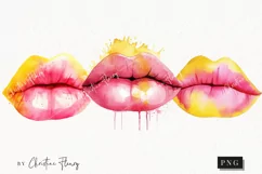 Watercolor Pink & Yellow Lips Clipart | Watercolor Cosmetic Product Image 1