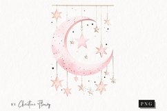 Watercolor Pink Moon And Stars Clipart | Celestial Clipart Product Image 1