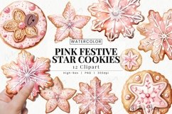 Watercolor Pink Festive Star Cookie Clipart | Christmas PNG Product Image 1