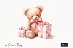 Watercolor Pink Teddy Bear With Gifts Clipart | Valentines Product Image 1