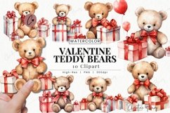 Watercolor Valentine Teddy Bears Clipart | Valentine PNG Product Image 1