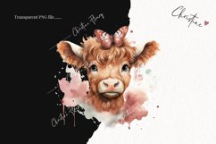 Watercolor Highland Cow with Butterfly PNG | Spring Clipart Product Image 2