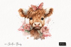 Watercolor Highland Cow with Butterfly PNG | Spring Clipart Product Image 1