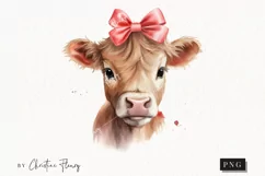 Watercolor Highland Cow with Bow PNG | Valentine's Day PNG Product Image 1