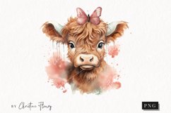 Watercolor Highland Cow with Butterfly PNG | Spring Clipart Product Image 1