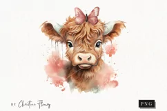 Watercolor Highland Cow with Butterfly PNG | Spring Clipart Product Image 1