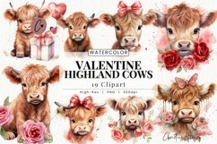 Watercolor Valentine Highland Cows Clipart | Valentine PNG Product Image 1