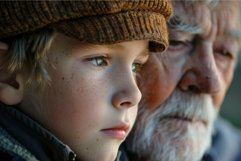 Young boy wearing a cap looking up with his grandfather Product Image 1