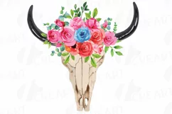 Watercolor pink and blue floral Bull Skull clip art Product Image 1
