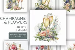 Champagne Glasses and Flowers | Watercolour Clipart JPG Product Image 1