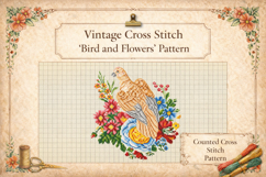 Hawk Vintage Cross Stitch Pattern with Flowers Product Image 1