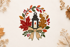 Fall Wreath Lantern Machine Embroidery Design Autumn Leaf Product Image 1