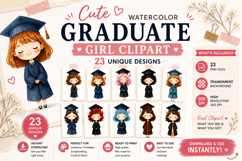 Cute Watercolor Graduate Girl Clipart PNG | 23 Unique Design Product Image 1