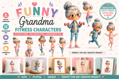 Funny Grandma Fitness Characters Clipart PNG | 30 Designs Product Image 1