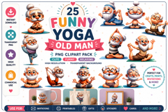 25 Funny Yoga Old Man Whimsical Clipart PNG | Senior Yoga Product Image 1