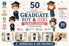 50 Cute Watercolor Graduate Clipart PNG | Boy &amp; Girl Bundle Product Image 1