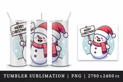 Cheerful cute snowman hat scarf holding sign Merry Christmas quote print 20 oz tumbler skinny mug wrap clipart t-shirt sublimation printable design