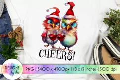 Cheers Funny Christmas Shirt Print with Cute Birds and Wine Product Image 1