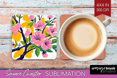 Cherry Blossom Modern Floral Square Coaster Sping Flower PNG Product Image 1