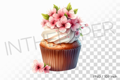 Pink Cupcake with Sakura Decor PNG Flower Clipart Illust Product Image 1