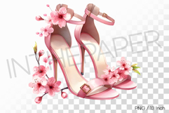 Pink High Heels with Sakura Decor PNG Flower Clipart Illust Product Image 1