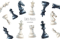 Watercolor white and black chess pieces. King, queen, rook Product Image 1