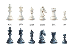 Watercolor white and black chess pieces. King, queen, rook Product Image 2