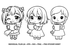 Cute chibi girl digital stamp holding a cup of hot cocoa, winter kawaii line art.