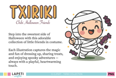 Cute chibi mummy holding candies, perfect for Halloween clipart projects.