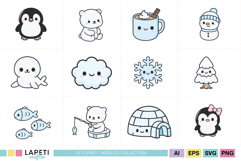 Cute snowy arctic characters in kawaii illustration style