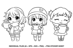 Adorable chibi winter girls holding mugs, black outline digital stamps for coloring, perfect for stickers, planners, and winter crafts.
