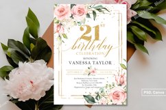 Boho pink roses greenery 21st birthday invitation PSD ZA16 Product Image 2