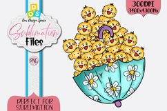 umbrella illustraton with a pile of chickens sitting in it