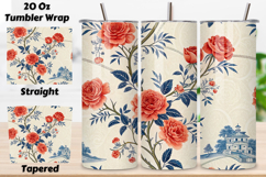 seamless chinoiserie rose tumbler, willow floral tumbler wrap, coral blue pattern design, asian rose tumbler wrap, 20oz skinny tumbler wrap, tapered seamless tumbler design, straight tumbler wrap png, chinoiserie rose watercolor design, seamless floral tu