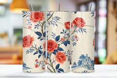 seamless chinoiserie rose tumbler, willow floral tumbler wrap, coral blue pattern design, asian rose tumbler wrap, 20oz skinny tumbler wrap, tapered seamless tumbler design, straight tumbler wrap png, chinoiserie rose watercolor design, seamless floral tu