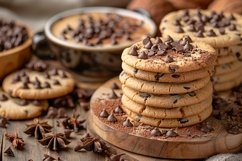 Cookies with chocolate chips Heap on wooden tray Product Image 1