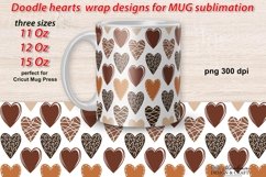 Mug sublimation wrap designs for 11 oz, 12 oz, 15 oz mugs with hand drawn doodle hearts of chocolate colors, cute wrap designs for coffee mugs, gift idea for birthday, Valentines day, wedding. 