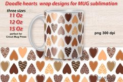 Mug sublimation wrap designs for 11 oz, 12 oz, 15 oz mugs with hand drawn doodle hearts of chocolate colors, cute wrap designs for coffee mugs, gift idea for birthday, Valentines day, wedding. 