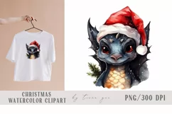 Watercolor Christmas black dragon with Santas hat - 1 png Product Image 1