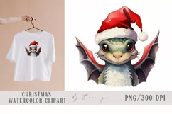 Watercolor Christmas black dragon with Santas hat - 1 png Product Image 1